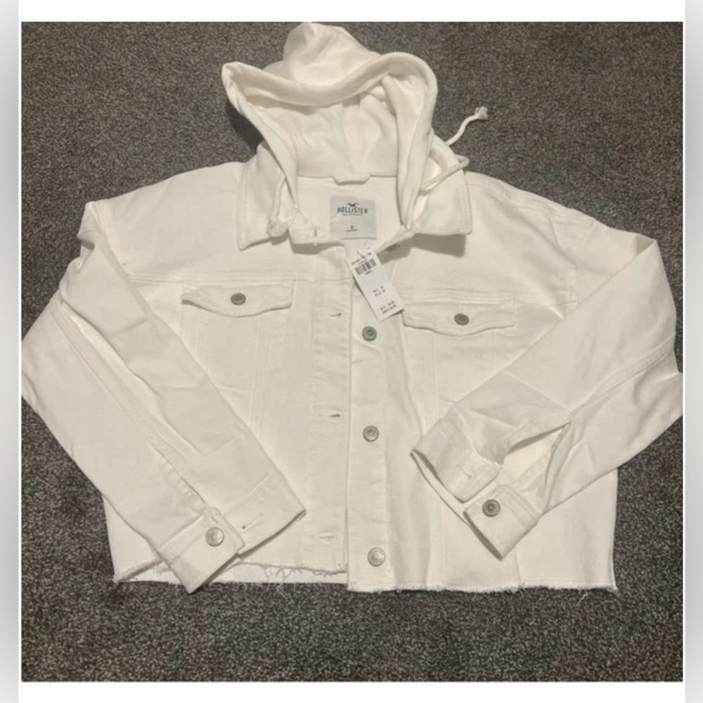 NWT Hollister Jacket Womens Small White Hooded Raw Hem Cropped Denim